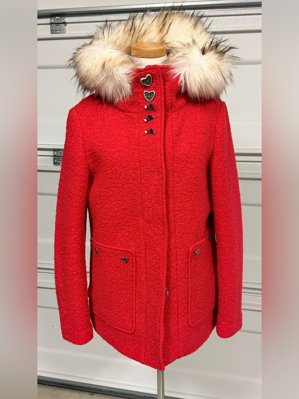 Women’s Red Bouclé Pea Coat with Faux Fur Hood